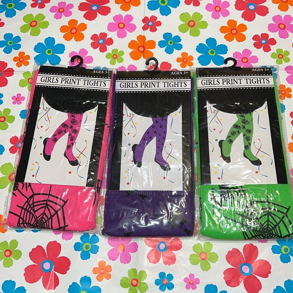 New 3 Pairs Girls Pink/Green Spider Purple Witch Print Tights Costume Ages 3+ (A